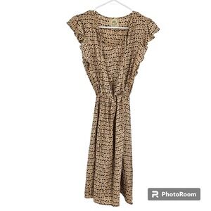 Attic and Barn Dress Tan Floral Silk Flutter Sleeve Knee Preppy A-Line Size S